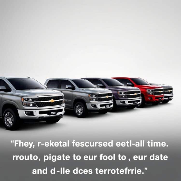 A lineup of pickup trucks with varying fuel efficiency ratings, emphasizing the difference in their market appeal and value retention.