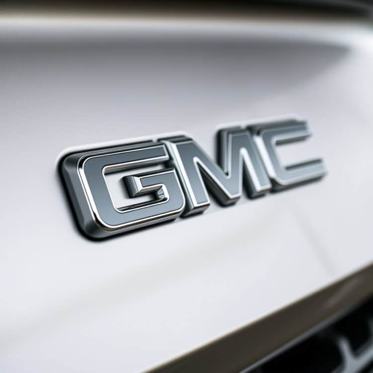 A close-up of the GMC logo on a sleek, modern vehicle, highlighting the brand's identity and values without any text.