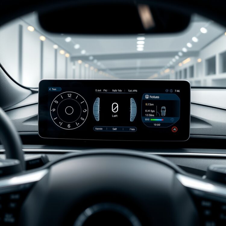 A high-tech dashboard of a modern car displaying advanced driver-assistance systems (ADAS) in action, with a focus on the screen showing safety alerts and features, set in a sleek, professional interior.