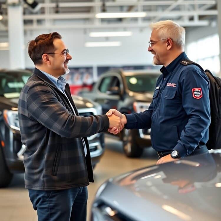 A happy customer shaking hands with a GMC service advisor in a well-lit dealership service center, showcasing excellent customer service.
