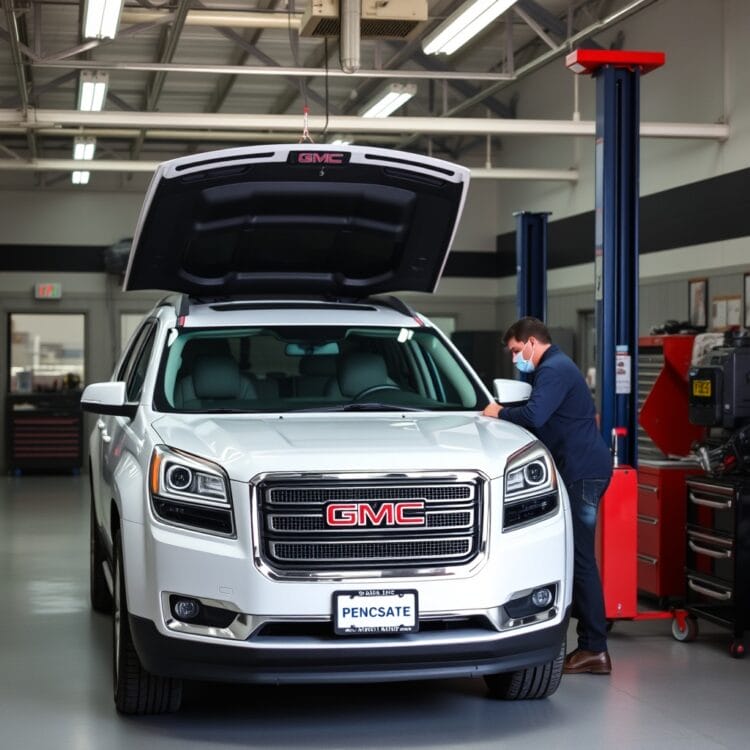 A GMC vehicle being serviced by a professional mechanic in a clean, organized service center, emphasizing routine maintenance and reliability.