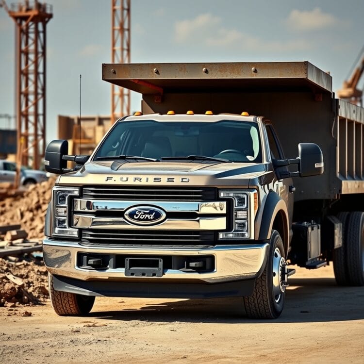 A high-quality stock photo of a Ford F-Series truck being used in a construction site, showcasing its durability and workhorse capabilities in the American industry.