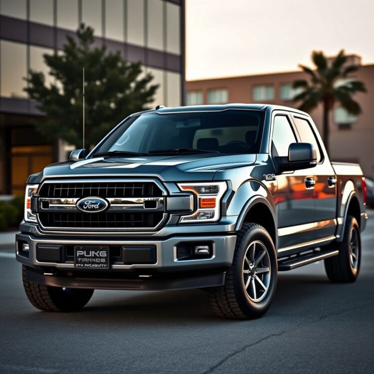A professional stock image of a Ford F-Series truck with custom modifications, highlighting popular aftermarket upgrades and personalization options in a sleek, urban setting.