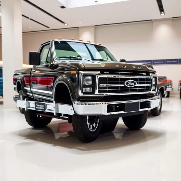 An elegant stock photo featuring the evolution of Ford F-Series truck designs over the years, displayed in a museum or showroom setting to emphasize its influence on truck aesthetics.