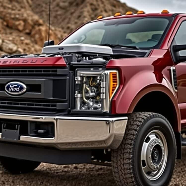 A high-quality, professional stock photo of a Ford F-450 Super Duty truck showcasing its powertrain and performance features, with a focus on the engine and towing capacity, set against a rugged backdrop.