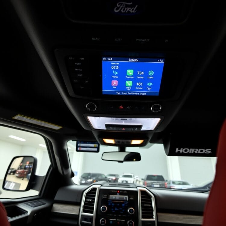 A professional stock photo of the interior of a Ford F-450 Super Duty, highlighting its infotainment system and connectivity options, with a modern and sleek design aesthetic.
