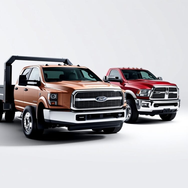 A dynamic stock photo comparing the Ford F-450 Super Duty with its key competitors, the Chevrolet Silverado 4500HD and Ram 4500, in a side-by-side display highlighting size and features.
