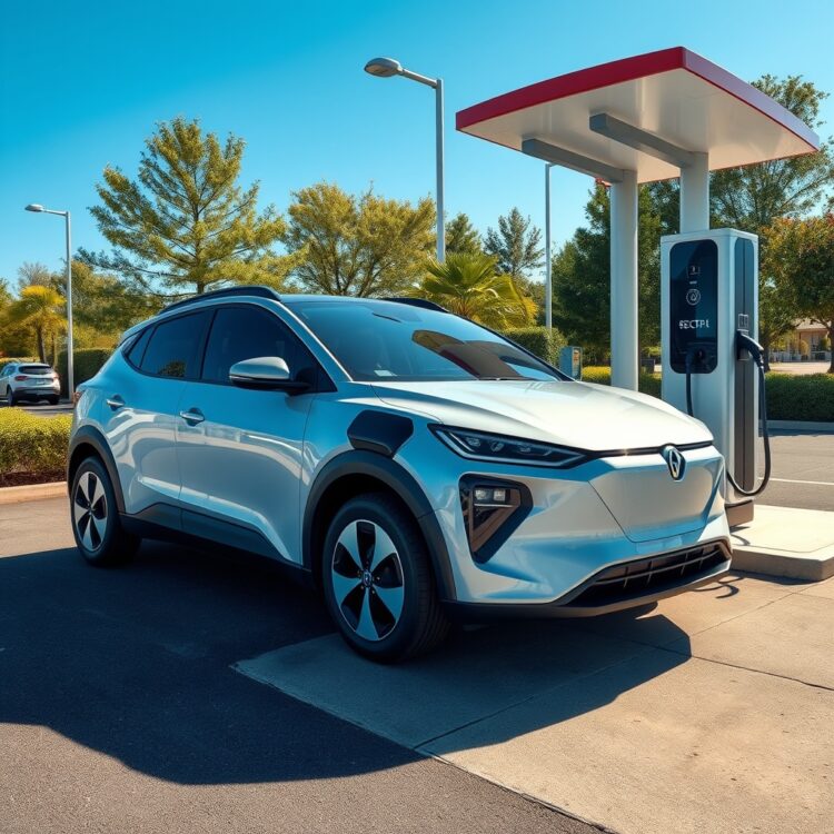 An electric vehicle charging at a station, highlighting its unique safety features like battery protection systems and advanced structural design, under a clear blue sky for a professional look.