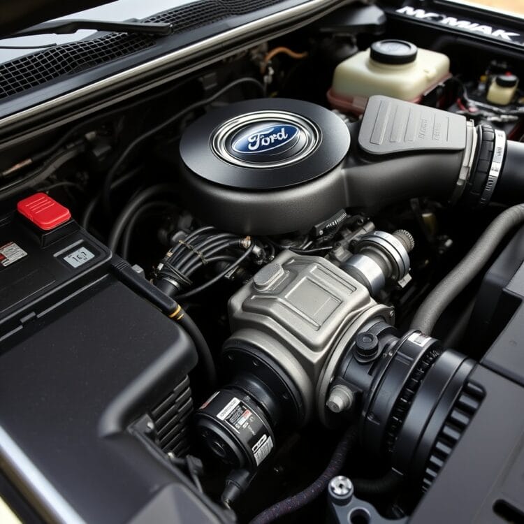 A close-up of a Ford F-150's engine compartment, highlighting the engine and transmission components, showcasing their condition at 100,000 miles.