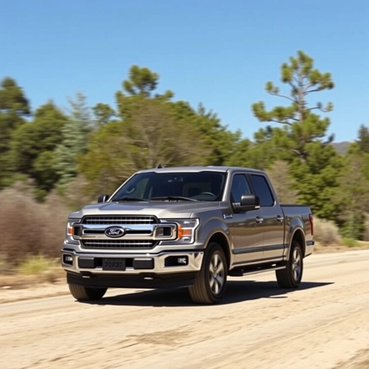 A Ford F-150 undergoing a test drive on a variety of terrains, demonstrating its performance and handling at high mileage.