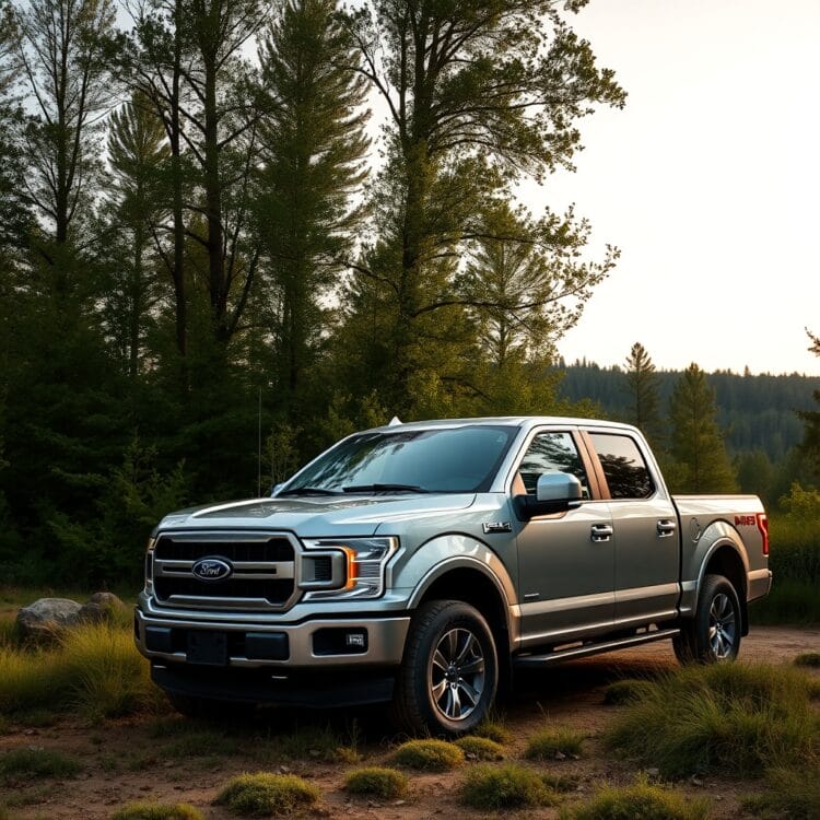 A Ford F-150 parked in a natural setting, symbolising the environmental impact and sustainability considerations of owning a high-mileage truck.