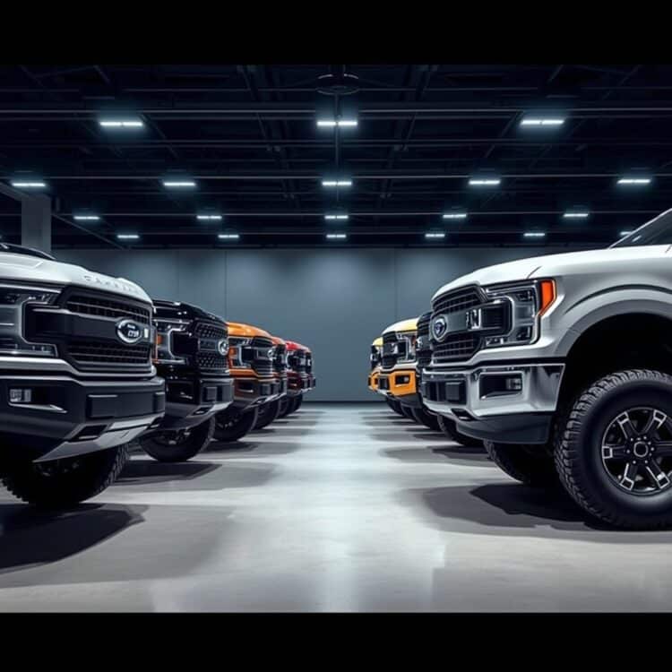 A lineup of the top-rated, durable pickup trucks parked side by side in a showroom setting, highlighting their robust build and design features under professional lighting.