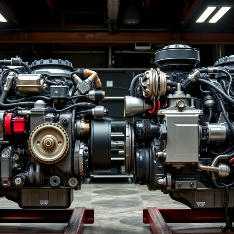 A detailed comparison shot of diesel and gasoline engines side by side, showcasing their components and design differences, set in a professional automotive workshop.
