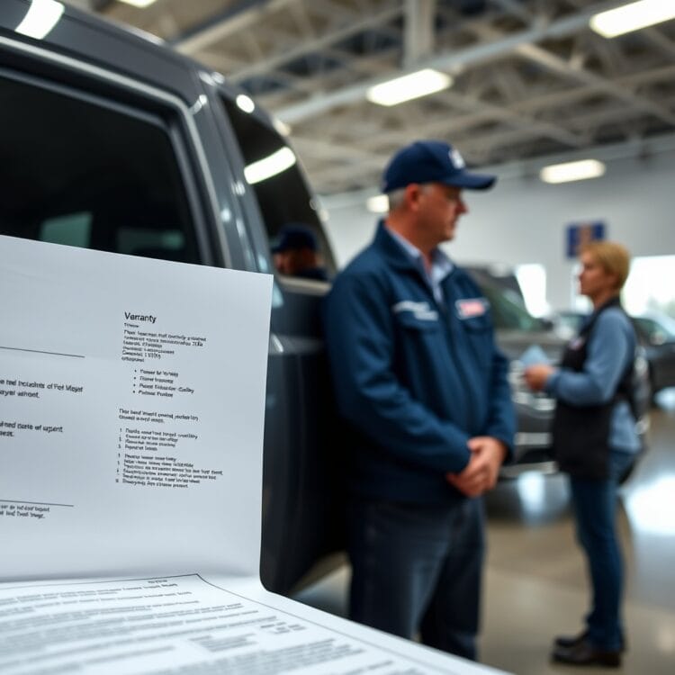A close-up of a pickup truck's warranty document and a customer service representative assisting a truck owner, symbolizing manufacturer support and warranty coverage in a dealership setting.