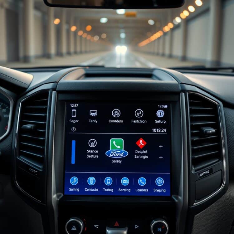 A high-quality, professional stock photo showcasing the advanced infotainment system and safety features of Ford XL and XLT models, highlighting technology and connectivity options without any text.