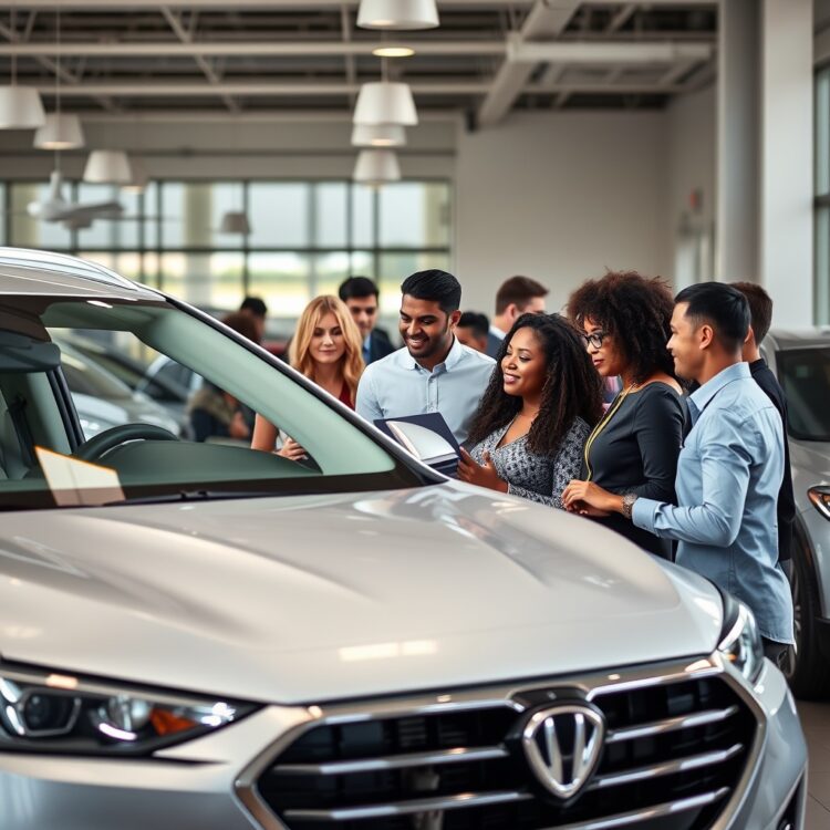 A diverse group of people choosing a car at a dealership, focusing on safety features and ratings, with a professional and welcoming atmosphere in the showroom.