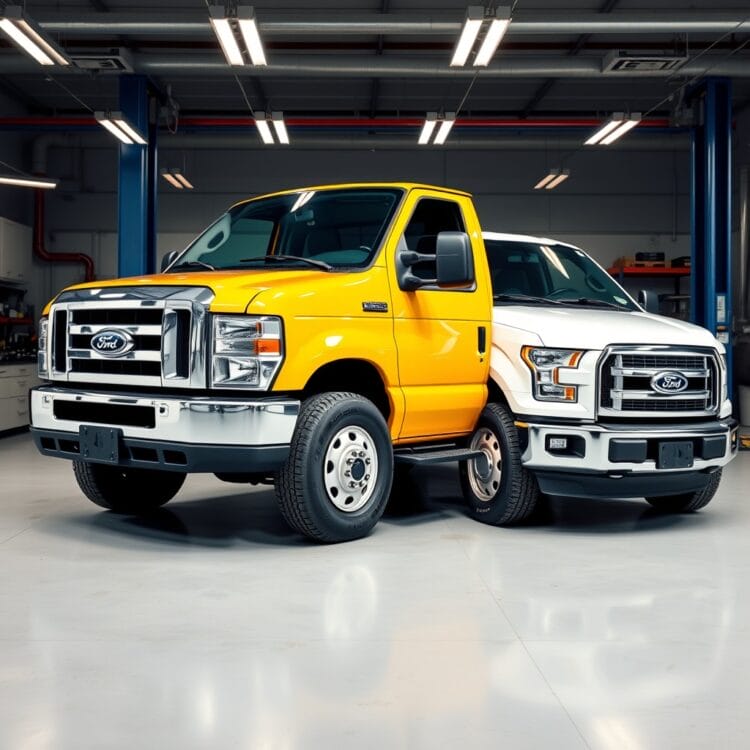 A professional stock photo image of a Ford XL and XLT side by side in a service center, emphasizing reliability, durability, and maintenance aspects with a clean, commercial appearance.