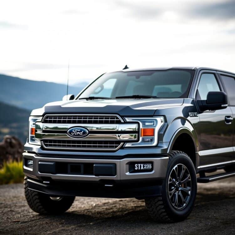 A sleek, modern Ford truck with the STX trim badge prominently displayed, showcasing its unique exterior features against a scenic backdrop.