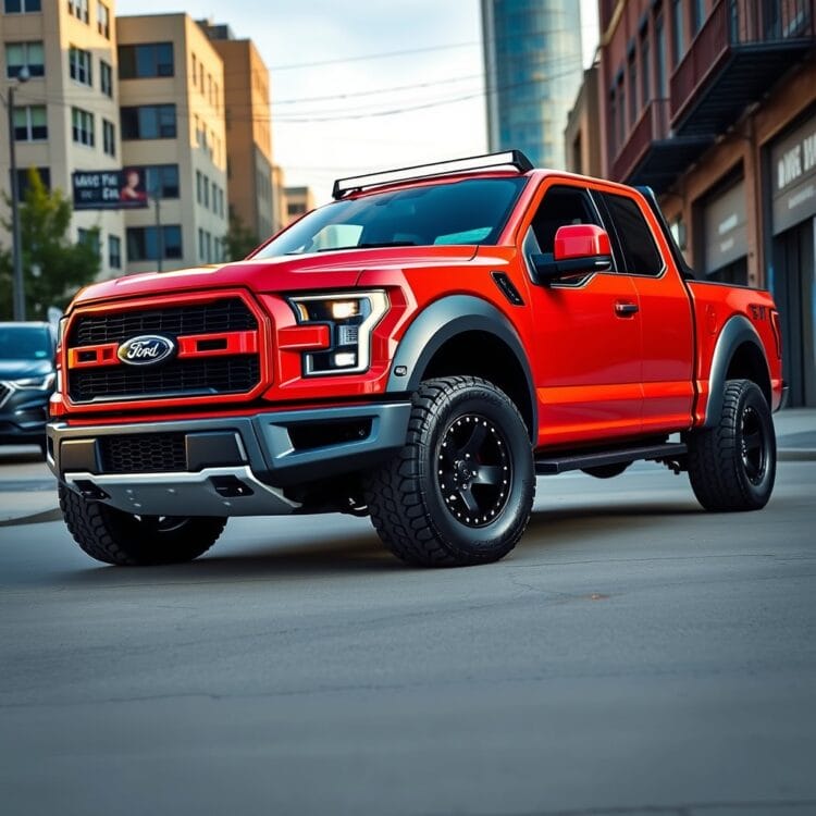 A customized Ford STX truck with aftermarket upgrades, highlighting performance enhancements and personalization options in a dynamic urban setting.
