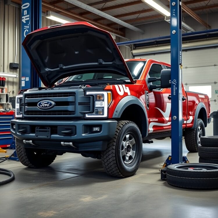 A well-maintained Ford STX truck undergoing routine maintenance, emphasizing the importance of care and common issues to watch for in a professional garage environment.