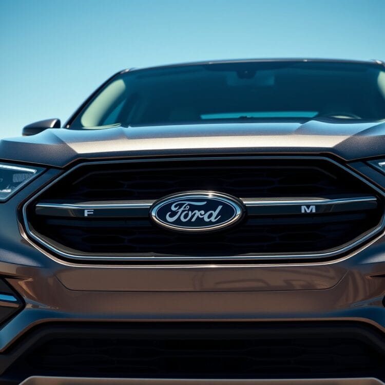 A sleek Ford vehicle showcasing its engine and performance features, highlighting the difference between Limited and Platinum trims under a clear blue sky.