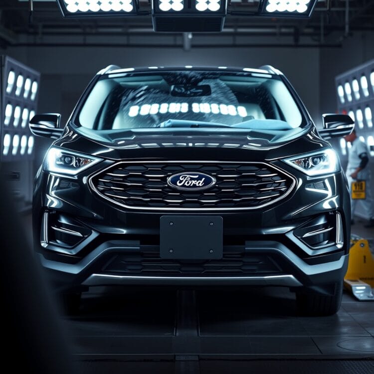 A Ford vehicle undergoing a safety test, with focus on its advanced driver assistance systems and crash test ratings, comparing Limited and Platinum trims.