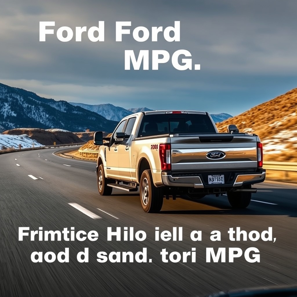 A Ford F-250 driving on a highway with varying terrain and weather conditions in the background, highlighting the impact of driving habits, load, and towing on MPG.