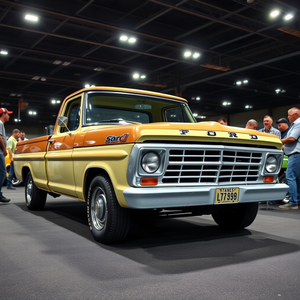 A vintage Bumpside Ford truck at a classic car auction, with potential buyers inspecting it, under the bright lights of an indoor event space.