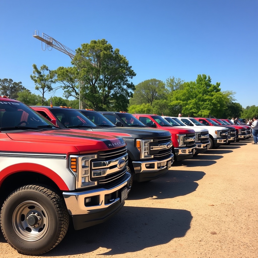 A group of Bumpside Ford truck enthusiasts gathered at a sunny outdoor meetup, with their trucks lined up in a row, showcasing the community spirit.