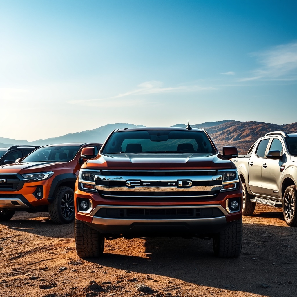 A lineup of iconic pickup trucks including the Toyota Hilux, Ford F-Series, and Chevrolet Silverado, showcasing their durability and design in a rugged outdoor setting.