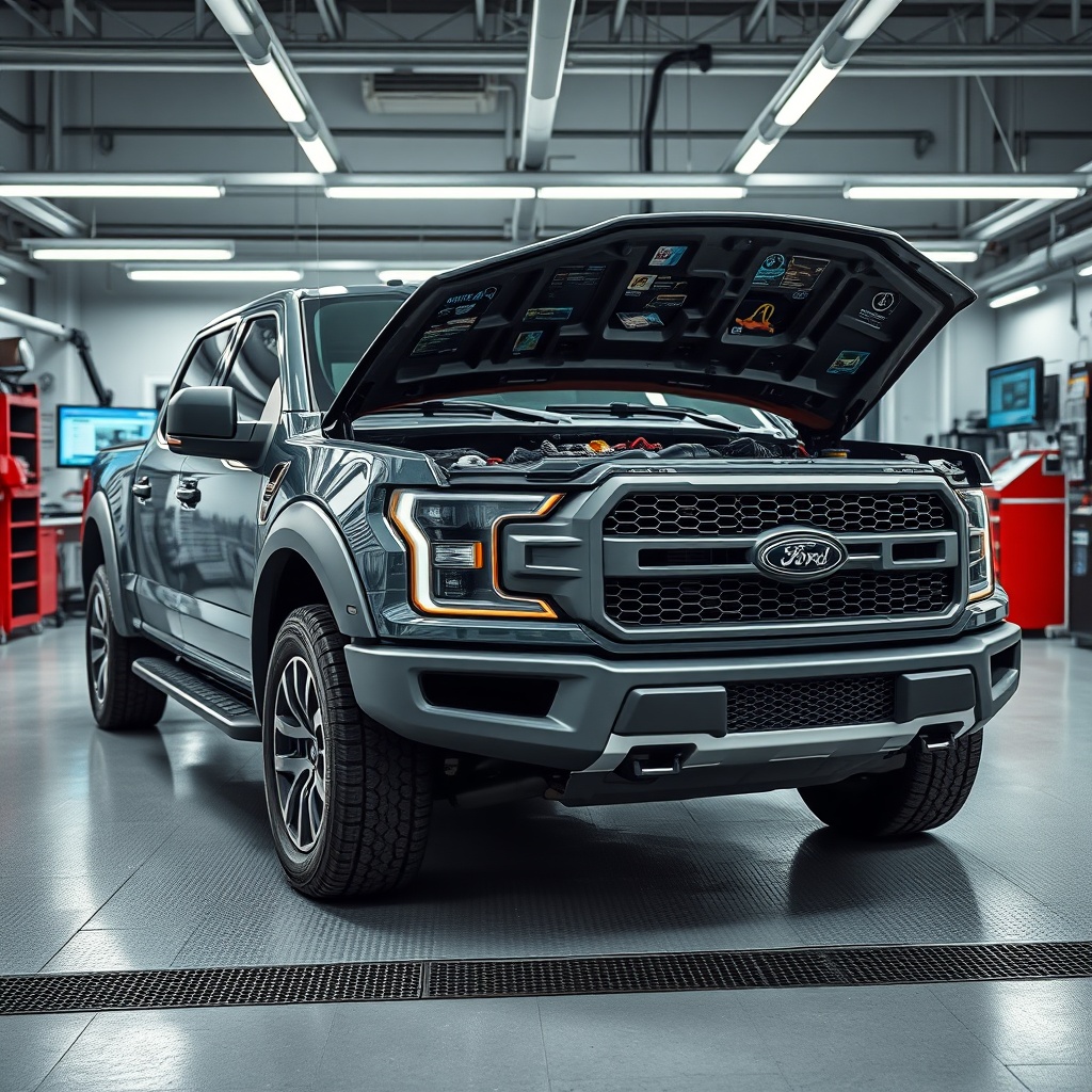 A modern pickup truck with advanced technology features under the hood, highlighting electronic components and software diagnostics in a high-tech garage environment.