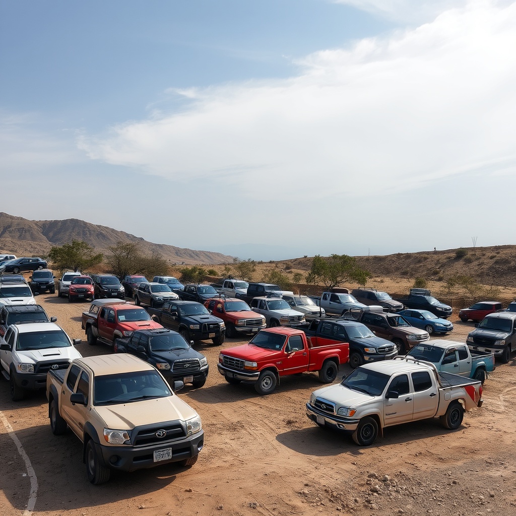 A diverse collection of pickup trucks from around the world parked in different terrains, illustrating global reliability standards and cultural preferences.
