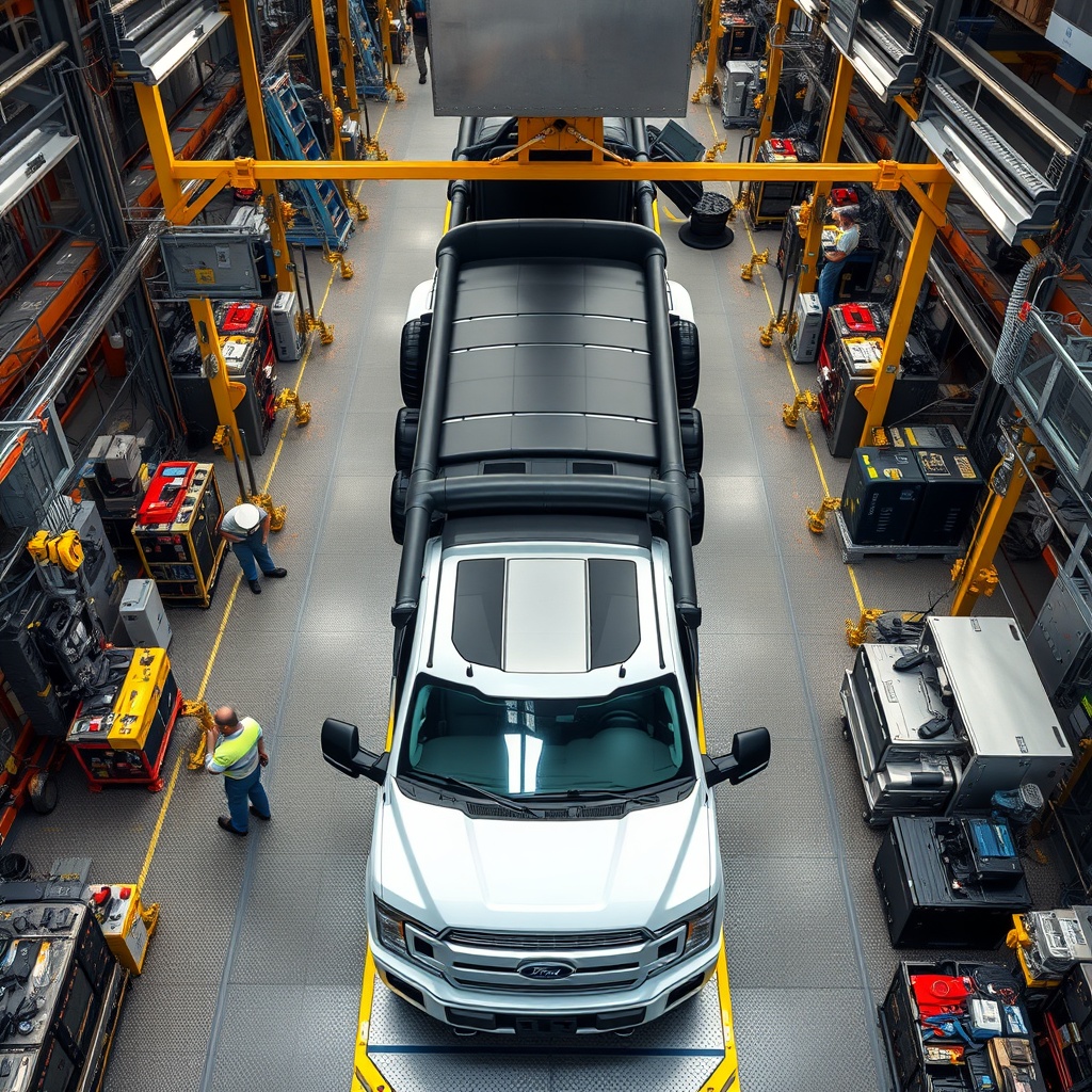 Aerial view of a Ford F-Series truck assembly line showcasing the scale of production, with workers and machinery in action, highlighting the manufacturing process.