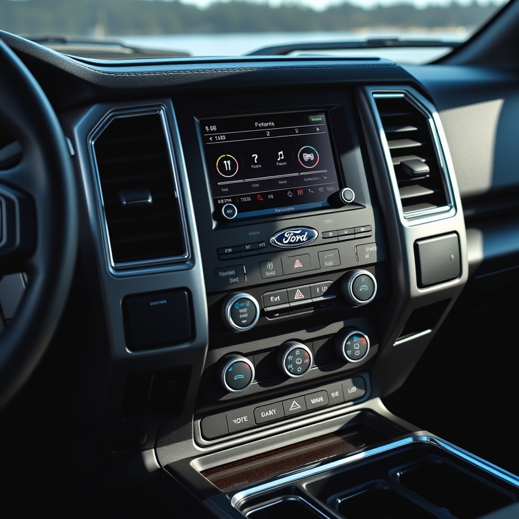Close-up of a Ford F-Series truck dashboard and interior, showcasing luxury trim options and high-tech infotainment system in a sleek, modern design.
