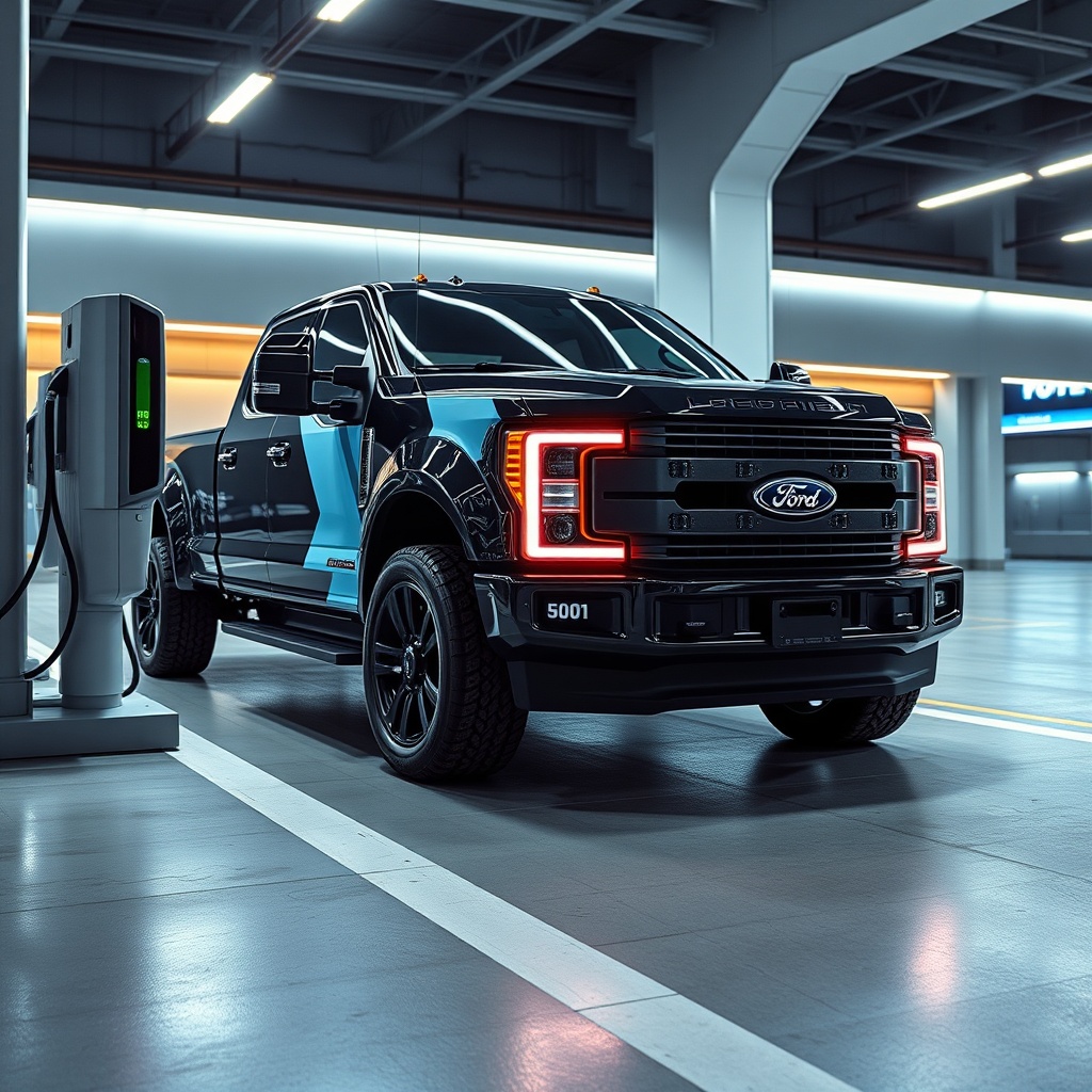 A futuristic concept image of a Ford F-Series electric truck charging at a station, symbolizing the next generation of the F-Series lineup.