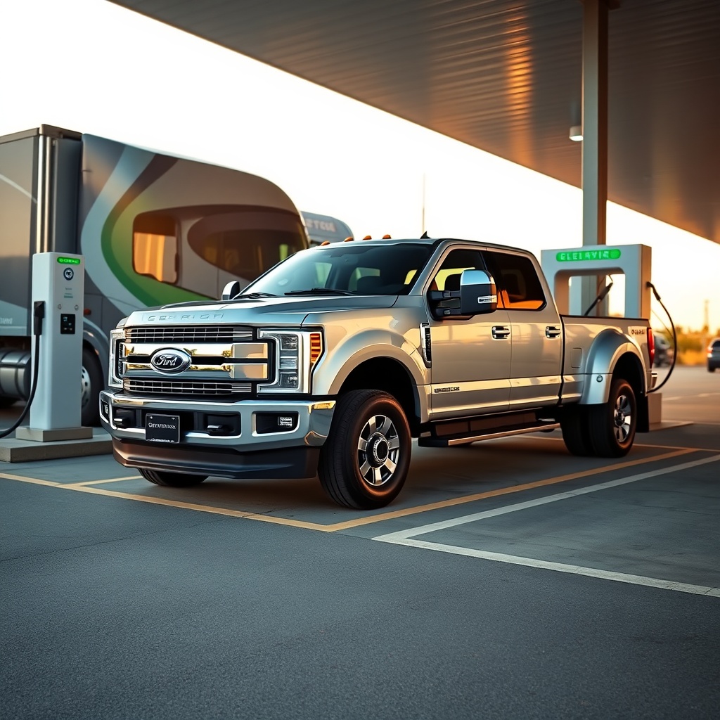 A modern Ford F-250 parked next to a charging station, with a hybrid or electric heavy-duty truck in the background, symbolizing the future of fuel efficiency.