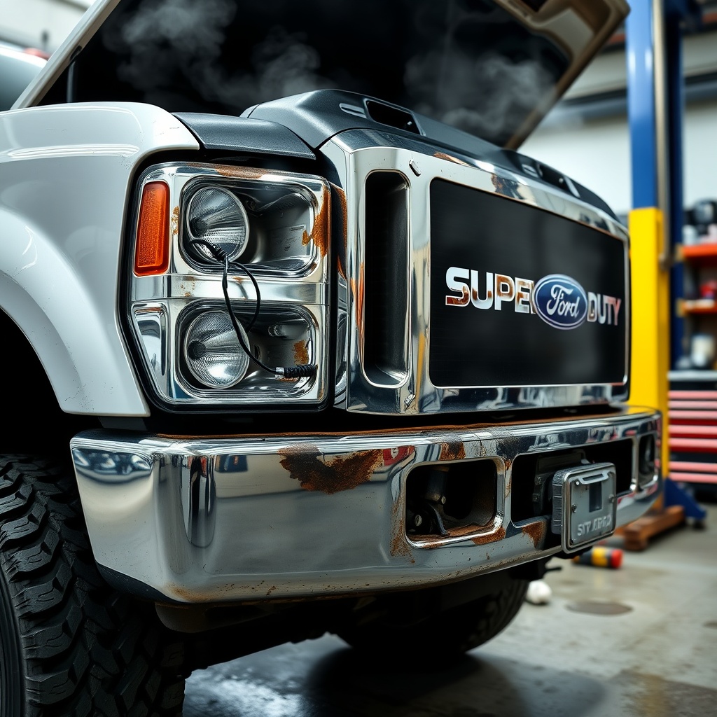 A close-up of a 2006 Ford Super Duty truck with visible engine problems, such as smoke or leaks, set in a professional auto repair shop environment.