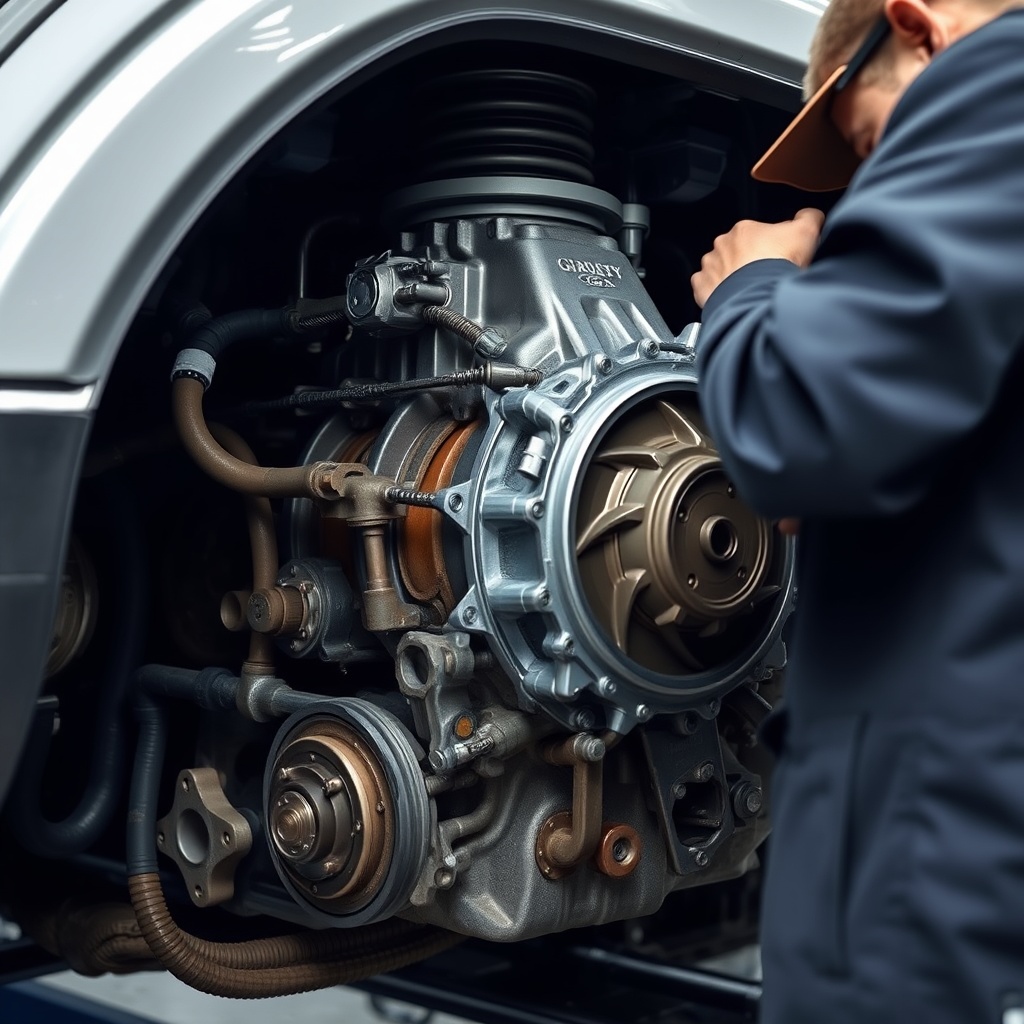 A detailed shot of a Ford Super Duty's transmission system being inspected by a mechanic, highlighting potential issues like fluid leaks or worn parts.