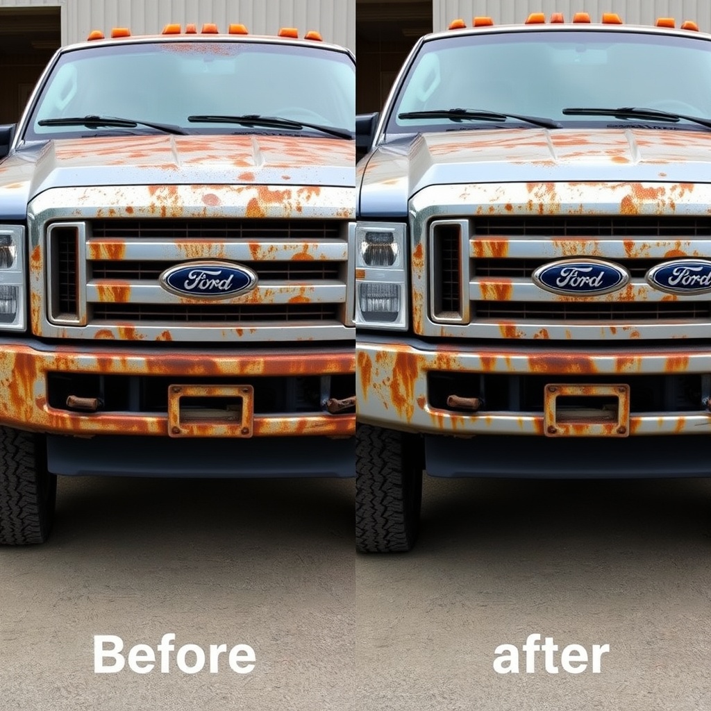 A side-by-side comparison of a problematic Ford Super Duty year next to a well-maintained model, focusing on rust and corrosion differences.