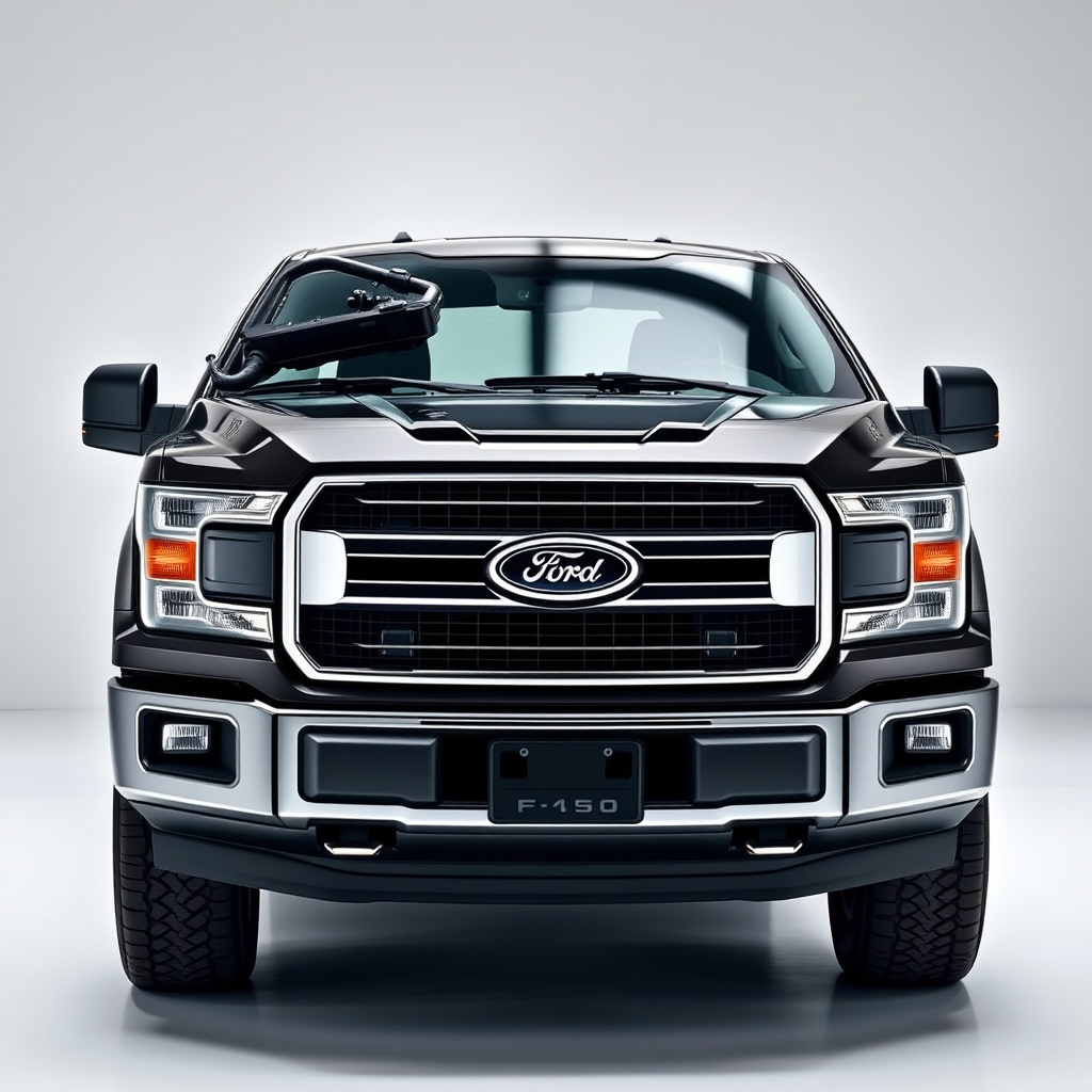 Professional stock photo of a Ford F-150 truck with visible technical details like engine bay, chassis, and frame construction, showcasing its engineering and specifications in a clean, well-lit studio setting