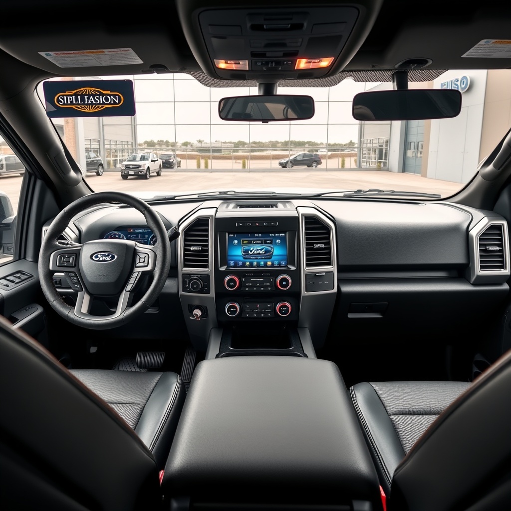 Professional stock photo of a Ford F-150 dashboard and interior, highlighting trim levels, customization options, and special edition features, with a modern and sleek aesthetic in a high-quality commercial style