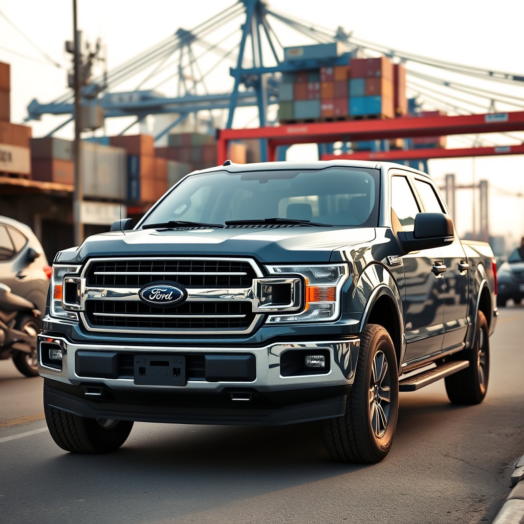 Professional stock photo of a Ford F-150 in a global or international setting, such as on a diverse city street or export port, emphasizing its worldwide presence and market adaptations without text