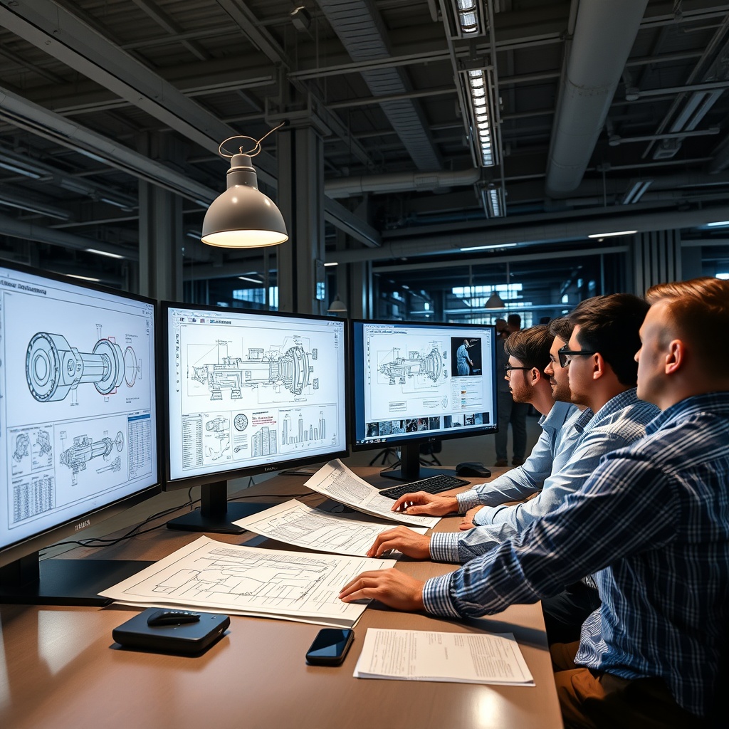 Professional stock photo of engineering team analyzing technical blueprints and CAD designs on large monitors in modern industrial office, with heavy equipment manufacturing schematics visible
