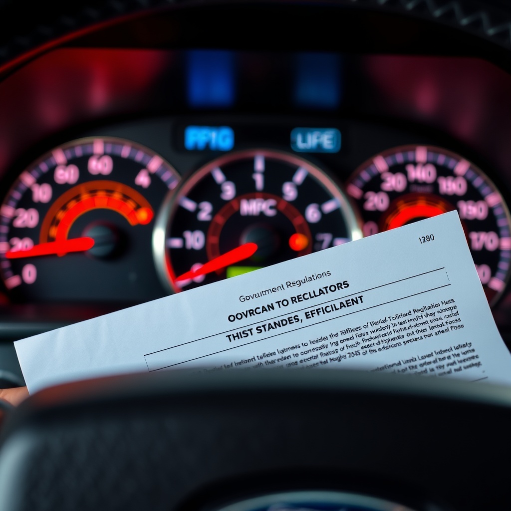 A close-up of a Ford F-250's dashboard displaying MPG readings, with a government regulations document subtly placed in the foreground, emphasizing the impact of standards on fuel efficiency.