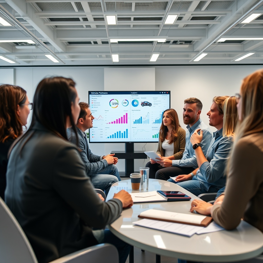 Professional stock photo of diverse consumer focus group discussing vehicle preferences in modern research facility, with automotive market analysis charts and demographic data on screens