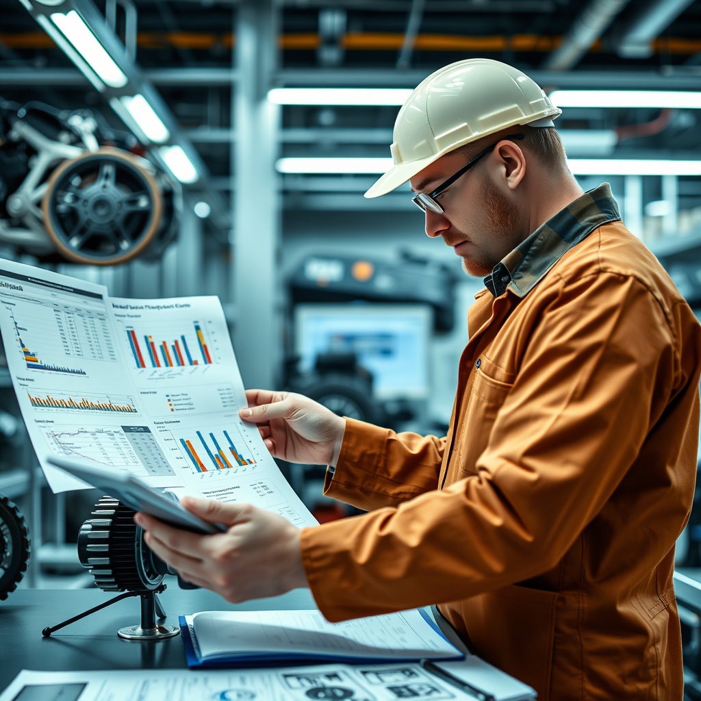 Professional stock photo of automotive engineer examining detailed technical specifications and performance charts for heavy-duty vehicle components in high-tech laboratory setting
