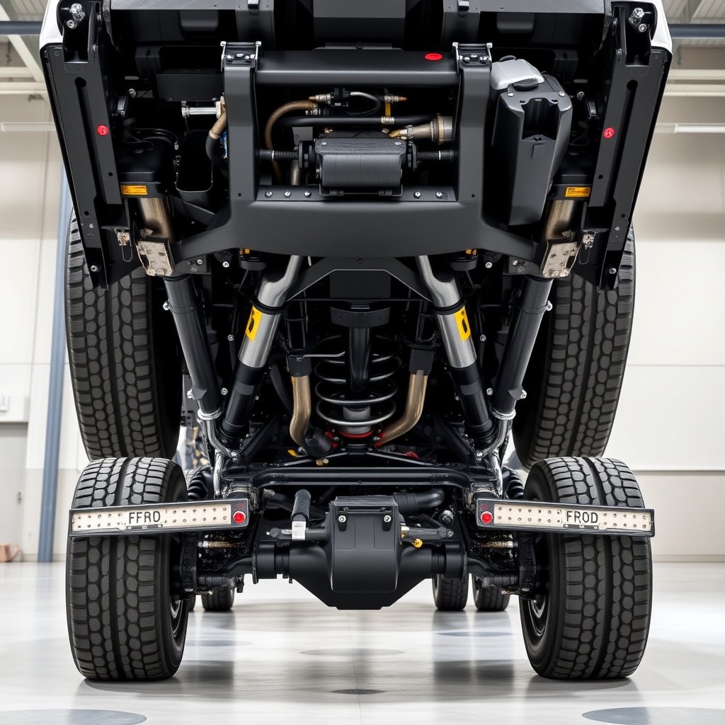 Professional stock photo of a Ford F-750 truck chassis with detailed view of heavy-duty suspension system and axle configuration, clean industrial background, high-quality lighting
