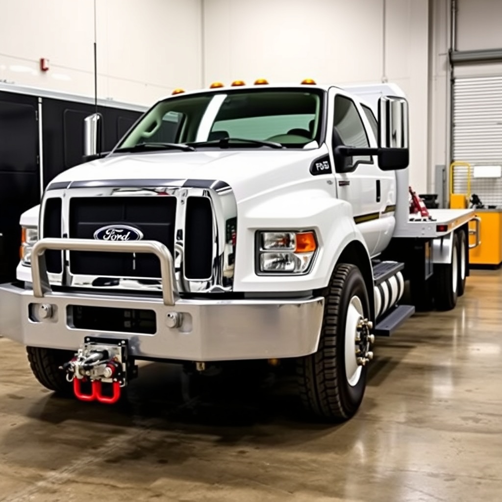 Professional stock photo of a Ford F-750 with various hitch and coupling systems including fifth wheel and gooseneck setups, clean commercial setting, professional lighting