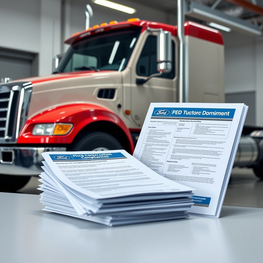 Professional stock photo of commercial trucking documents and regulatory compliance materials next to a Ford F-750, office or industrial setting, clean and professional
