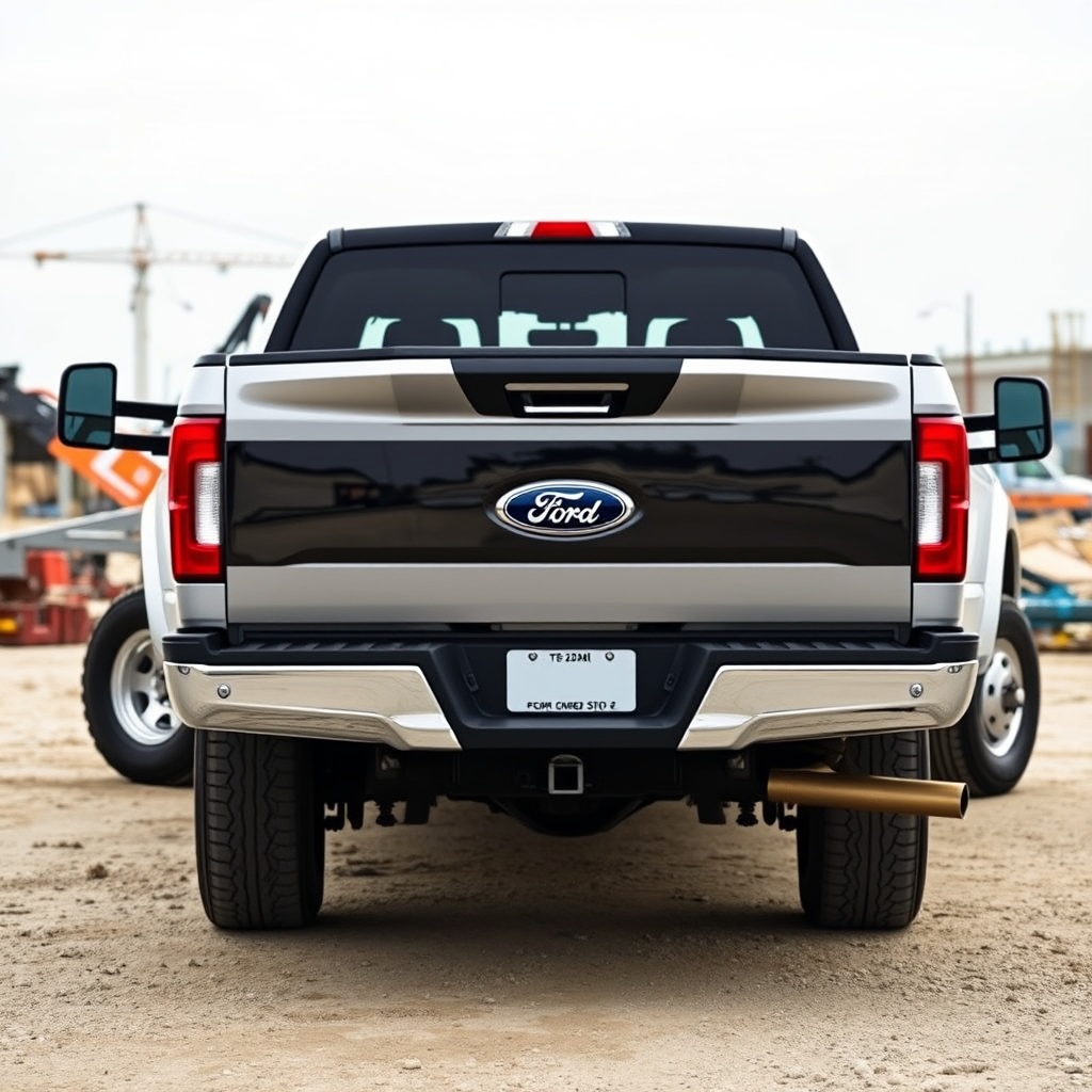 Professional stock photo of a Ford F-250 Super Duty truck with heavy-duty bed configuration, showcasing reinforced construction and payload capacity, clean modern design on construction site background
